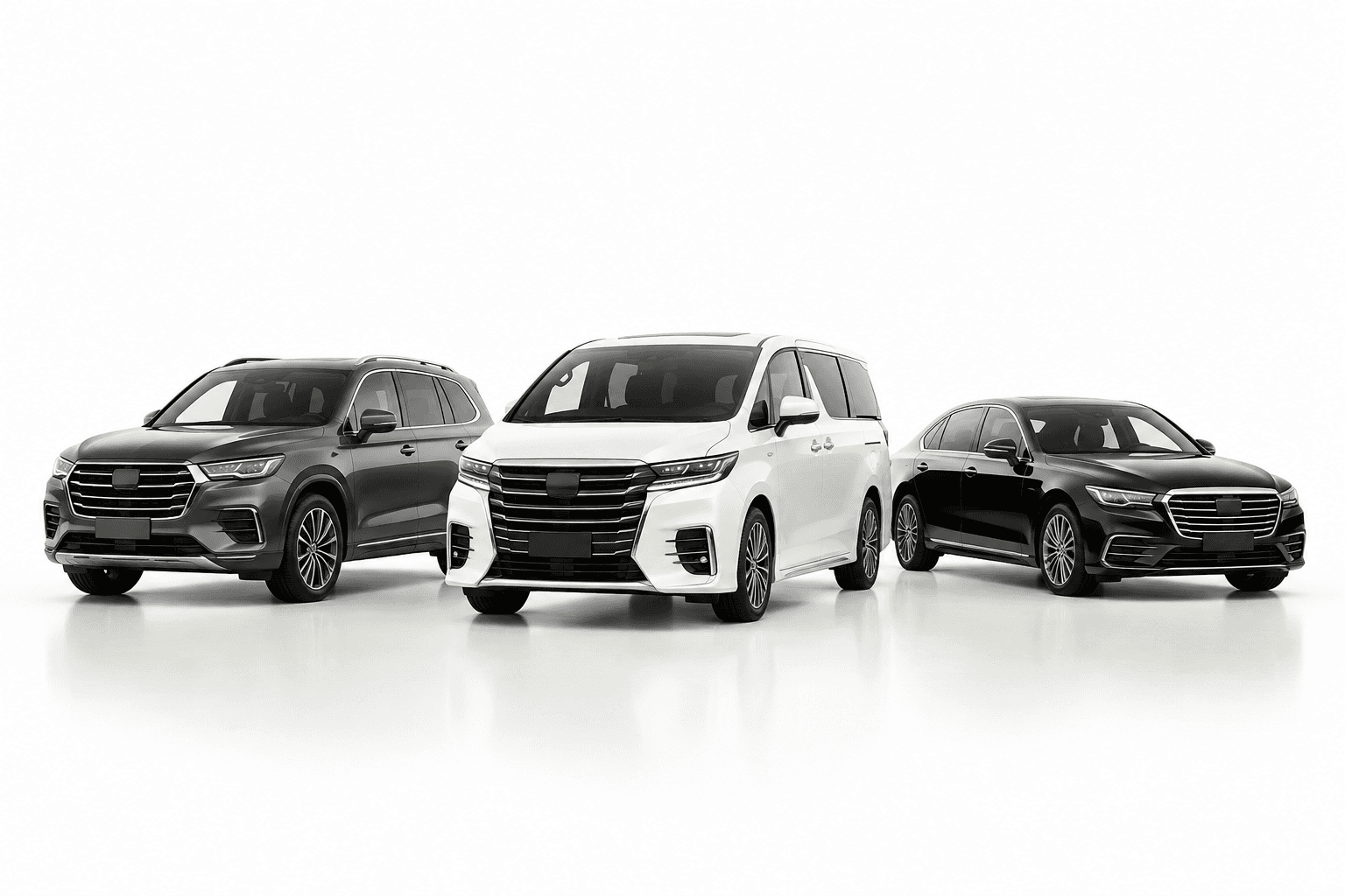 Jinia Enterprise's premium chauffeur fleet: an executive SUV, people carrier, and sedan